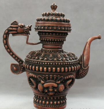 

007944 10" Elegant Chinese Red Bronze Buddhism Dragon Head Statue Lion Teapot Wine Pot