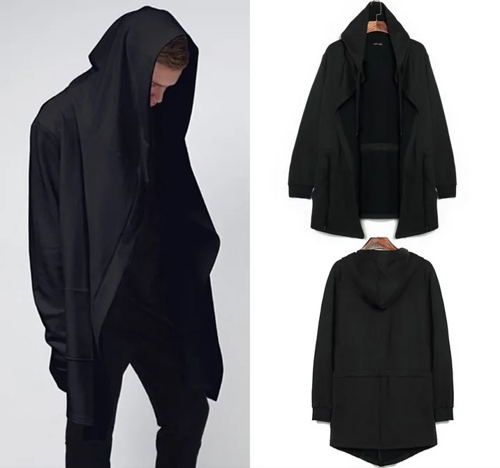 Men's Hooded sweater cardigan long black cloak cape coat Soul hip hop