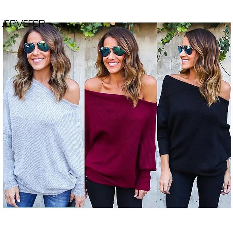 

Autumn Sweater Women Long Batwing Sleeve Sexy Off Shoulder Knitted Sweater Solid Loose Slash Neck Sweaters Pullover