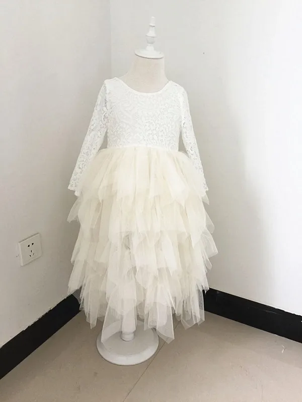 Розничная, милое летнее кружевное платье-пачка с длинными рукавами для девочек свадебное платье для девочек нарядное платье для девочек для детей BW888