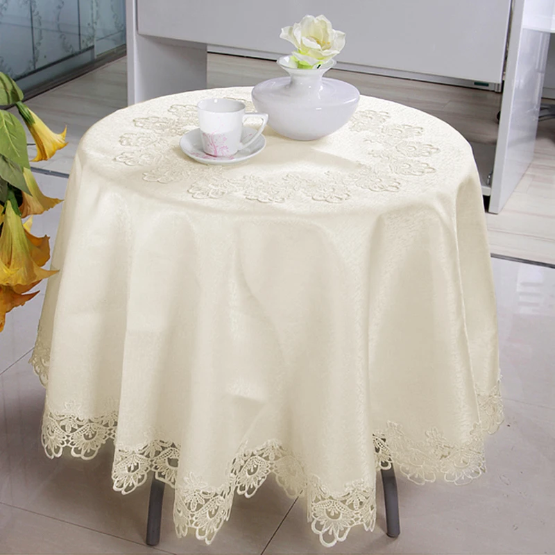  Romantic Ivory Round Tablecloth for Wedding Party Lace Floral Embroidered Edge Table Covers Soild D