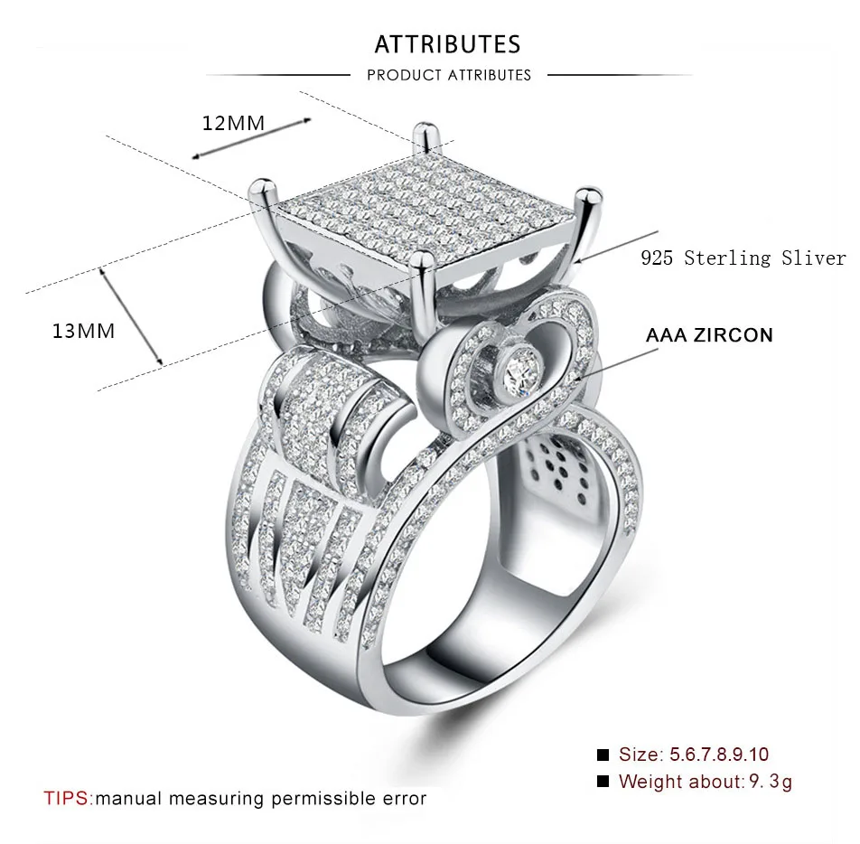 Роскошные кольца для женщин из стерлингового серебра 925 пробы, обручальное кольцо, большие сверкающие aaa циркон, полые Ювелирные изделия, bague, женские anillos подарки