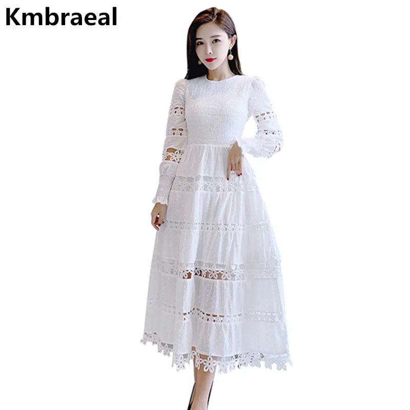 

2019 Runway Designer White Hollow Out Star Embroidery Long Dress Spring Women's Long Sleeve Tunic Holiday Party Dress Vestidos