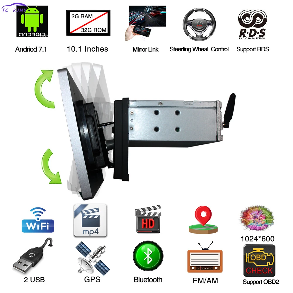 

1 Din Car Radio 10.1 Inches Android 7.1 Dvd Automotivo GPS Navigation Dash Camera Bluetooth Quad Core Rotate Car Audio Player