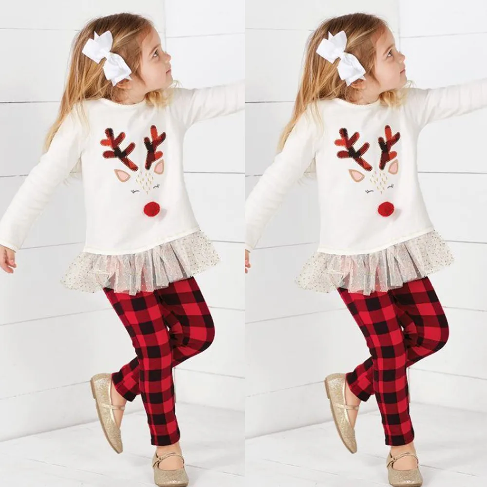 Для девочек Костюмы 2 шт. Дети для маленьких девочек с рисунком оленя футболка Топы+ штаны в клетку Рождественский осень-зима комплект одежды с длинными рукавами T3