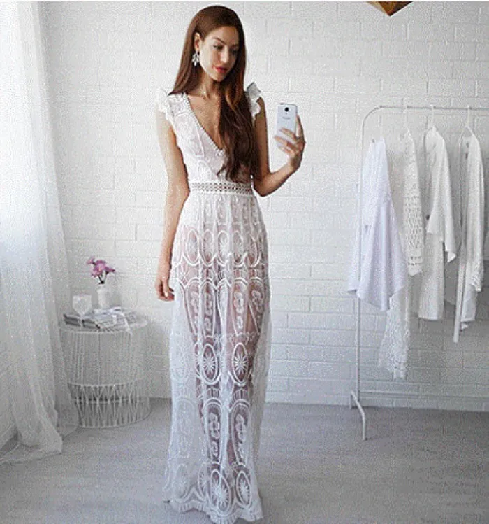 

2019 summer Women Bohomain Dress Sexy Backless Lace White Embroidery Sleeveless vestidos Holiday Hollow Out Beach Long Dress