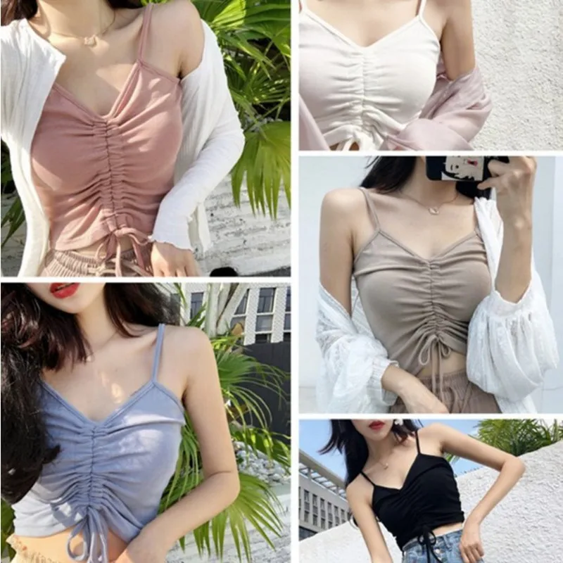 

2019 Retro Korean Chic Wind Multicolor Thread Sexy Low Collar Waist Drawstring Vest Wild Solid Color Slim Halter Top