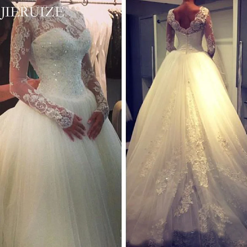 

JIERUIZE White Lace Appliques Ball Gown Wedding Dresses Beaded Long Sleeves Cheap Wedding Gowns Bride Dresses robe de soiree