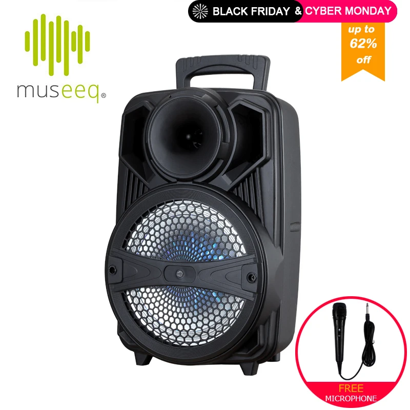 

Museeq Portable Bluetooth Party Speaker With Shimmering LED Lights, 8" Driver + Tweeter, Carrying Handle, and Remote Control