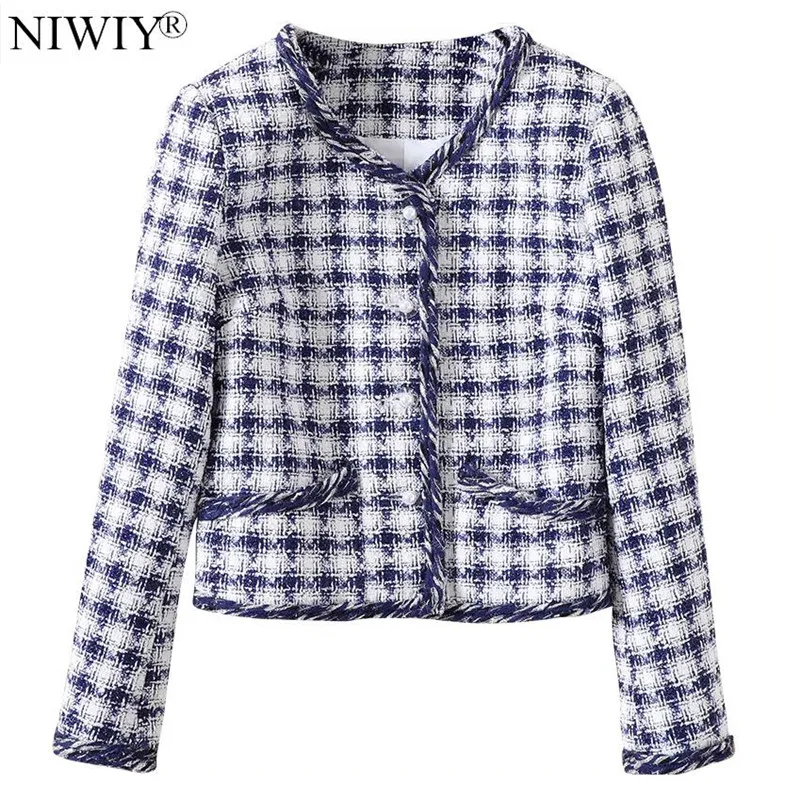 

NIWIY Brand Celebrity Plaid Short Jacket Abrigos Mujer Invierno 2019 Autumn Long Sleeve Women Jacket Manteau Femme Hiver N9365
