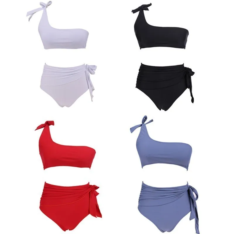 

2019 Solid Color Two Piece Swimsuit One Shoulder Women Sexy Swimwear Push Up Bathing Suit Monokini Beach Wear Maillot De Bain