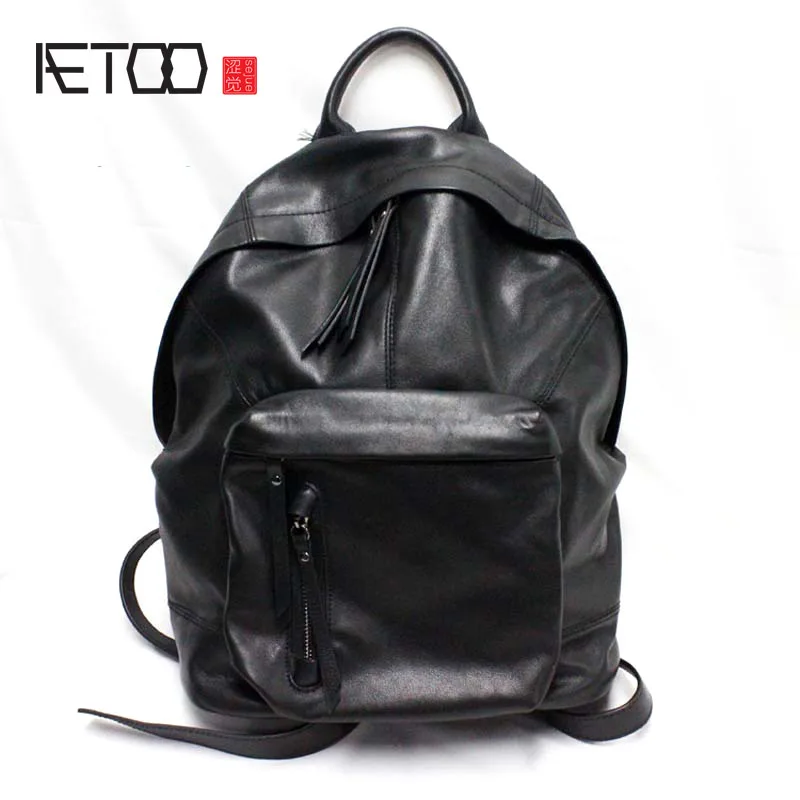 

BJYL Leather large shoulder bag simple Korean version of leather men and women casual tide neutral travel backpack large bag