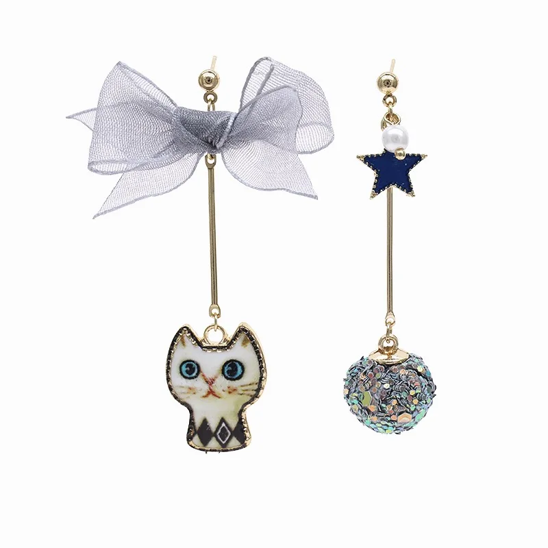 

Korea Style Girls Cuddly Kitty Cat Asymmetric Drop Earrings Star Bling Bling Ball With Pearl Kawaii Ribbon Bowknot Drop Earrings