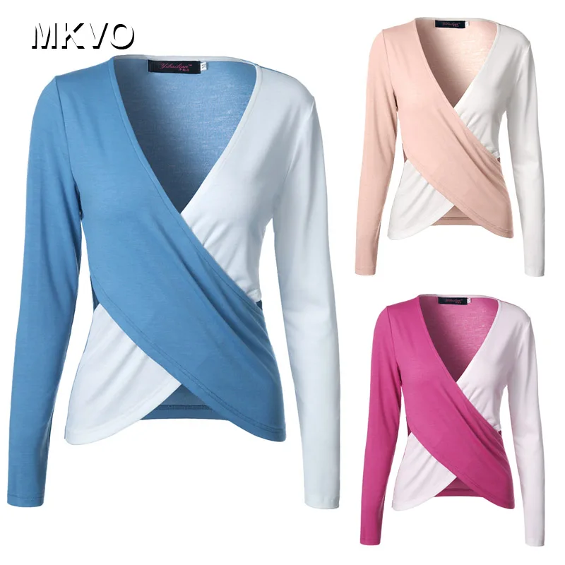 

2019 Long Sleeve T-Shirt Women Casual Loose Tops Tee Shirt Femme Patchwork Sexy V-Neck Female T Shirts Office Blusas Mujer