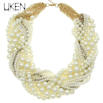 

UKEN Ladies Imitation Pearl Necklace Fashion White Beads Rhinestones String Women Collar Chokers Necklaces Statement Jewelry