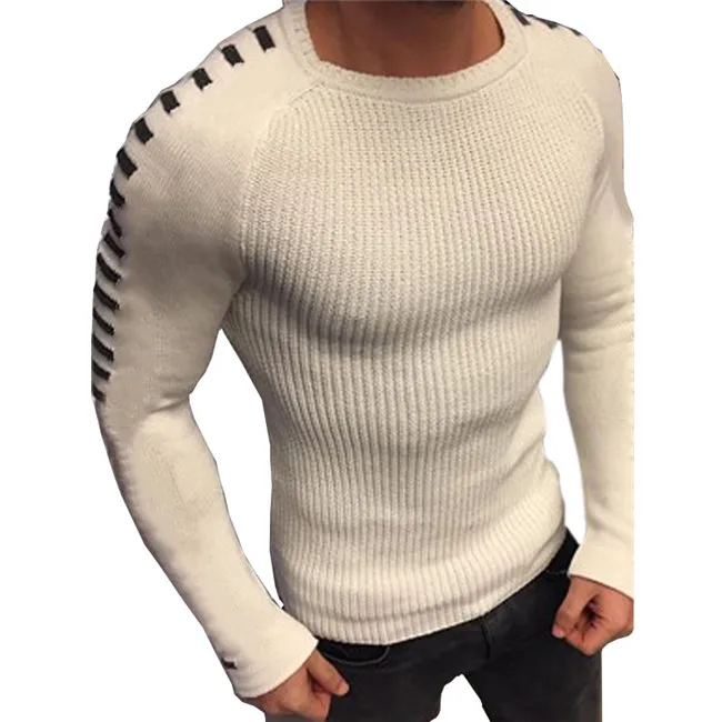 Новое поступление, Повседневный свитер с длинным рукавом, Мужской пуловер, мужской осенний тонкий вязаный свитер в стиле пэчворк, джемпер, мужская одежда черного цвета - Цвет: Белый