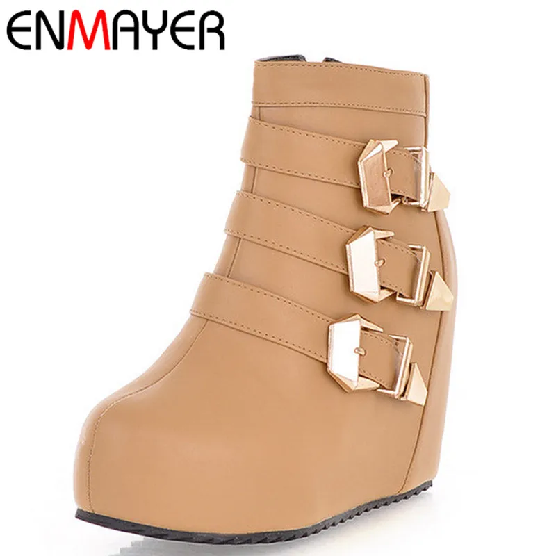 

ENMAYLA 3 Colors Zippers Buckle Strap Round Toe Wedges High Heels Solid Motorcycle Ankle Boots for Women 2016 New Fashion Style