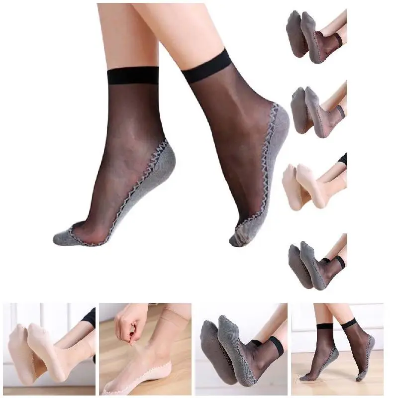 

Hot 1 Pair Spring Summer Women Soft Socks Casual Non-Slip Bottom Splice Fashion Transparent Ladies Girls Thin Silk Sock