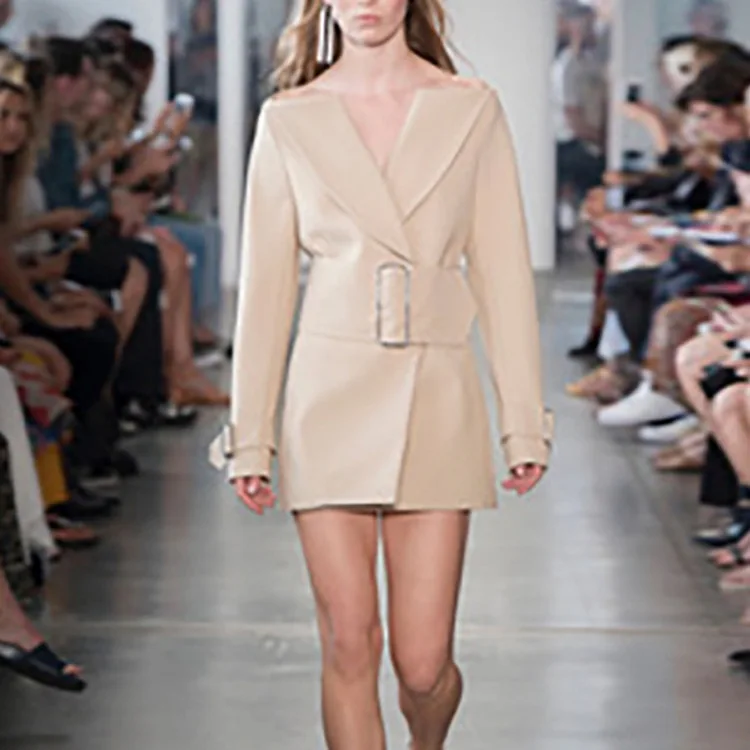

2019 Spring Dress Women Long Sleeve Windswear Dresses with Crossed Shoulders Beige Belt Outer Shoulder Sashes Dress Women