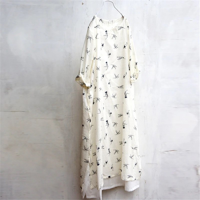 

Johnature High Waist Dress 2019 New Autumn Women Cotton Comfortably Print Animal Solid O-Neck Regular White Pink Yellow Dress