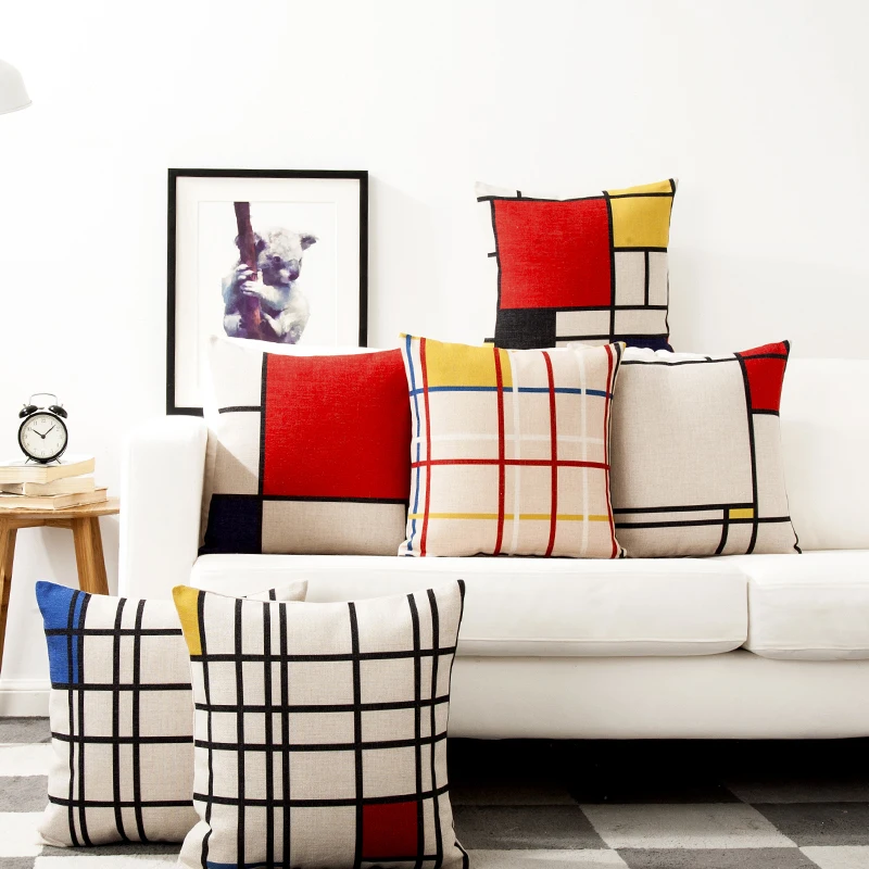 

Mondrian Geometry Pillow Cover Blue Red Geometric Cushion Cover Home Decorative Linen Pillow Case Office Sofa Cushion