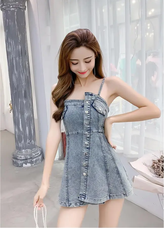 Женская одежда летнее корейское модное сексуальное джинсовое летнее платье мини с высокой талией и бретельками vestidos de fiesta de noche