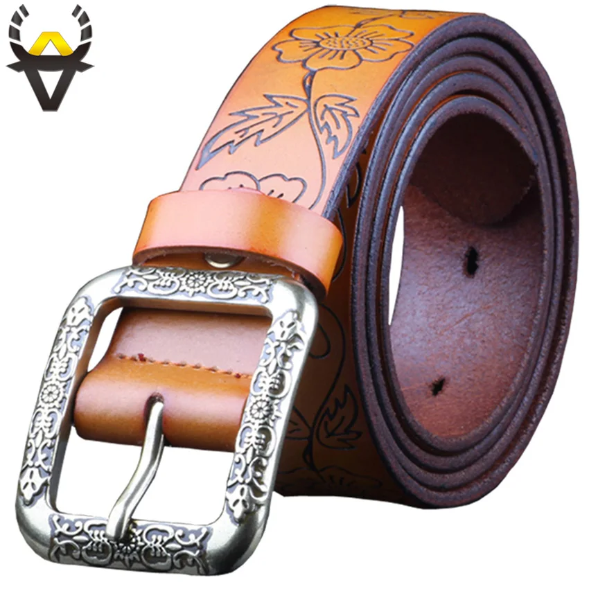 

Fashion Genuine Leather Belts for Women Vintage Floral Girdle Female Quality Second Layer Cow Skin Strap Jeans Width 3.2 Cm