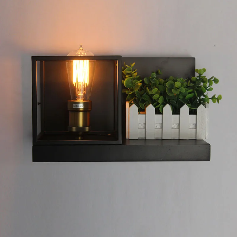 

American Designer Vintage Aisle Stairs Wall Lamp Industrial Wind Cafe Iron Frame Plant Decor LED Wall Light Fixture