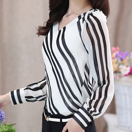 2017 de La Moda de Rayas Blanco y Negro Gasa de Las Mujeres Con Cuello V Breve Cool Summer Tops Manga Larga Delgada Camisas de Trabajo Femenino|female shirts|women chiffon blousechiffon