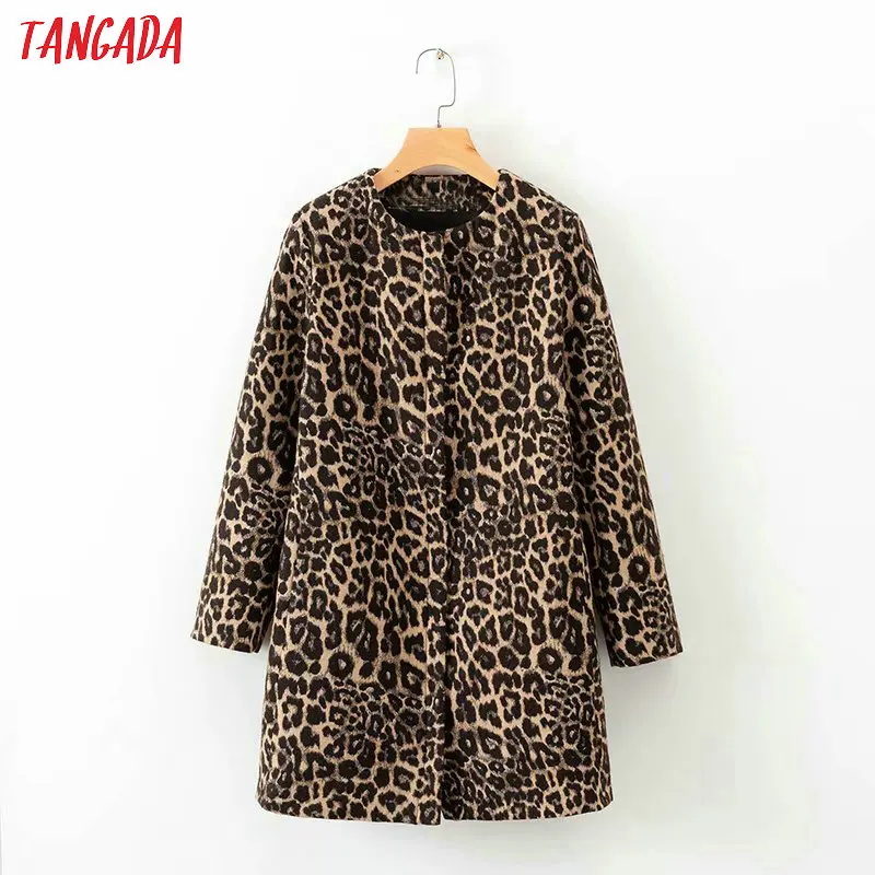 

Tangada leopard long jacket coat for women zipper pockets long sleeve winter coats vintage female casual outerwear XD475