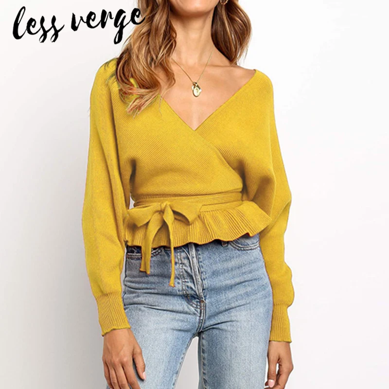 

lessverge V neck batwing sleeve black sweater pullover Knitted autumn winter cotton sweater women Casual red korean top peplum
