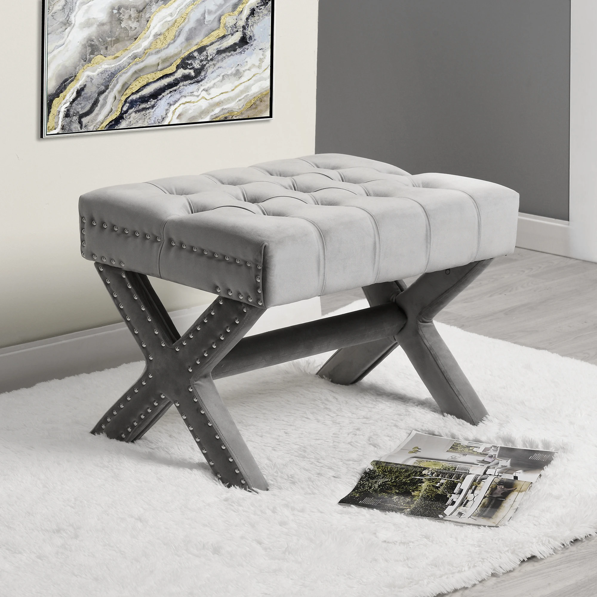 Emma Velvet Button Tufted Ottoman -  X-Legs | Silver Nailhead Trim | Modern & Functional by Inspired Home (3)