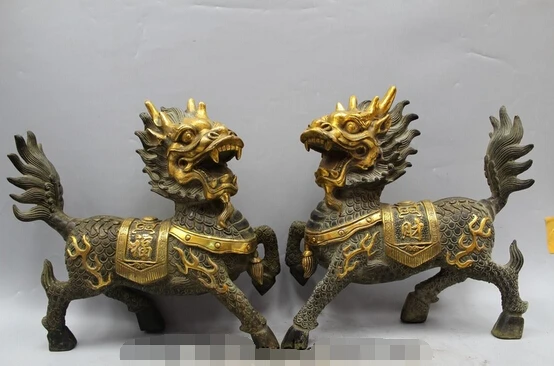 

wholesale factory 12" Chinese Bronze Gild Folk Feng Shui Kylin Chi-lin Qilin Statue sculpture Pair
