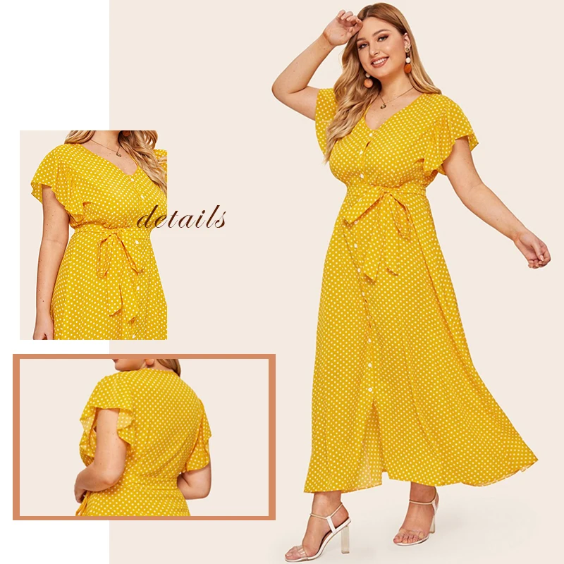 Sheinside Plus Size V Neck Polka Dot Dress Women Summer Flounce Sleeve Shirt Dresses Ladies Button Up Detail Maxi Dress