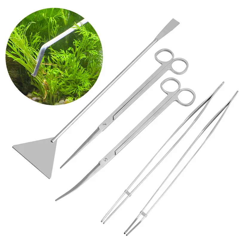 

5Pcs/Set Aquarium Cleaning Tools Kit Tweezers Curve Scissor Fish Tank Water Plants Grass Stainless Steel Maintenance Tool New