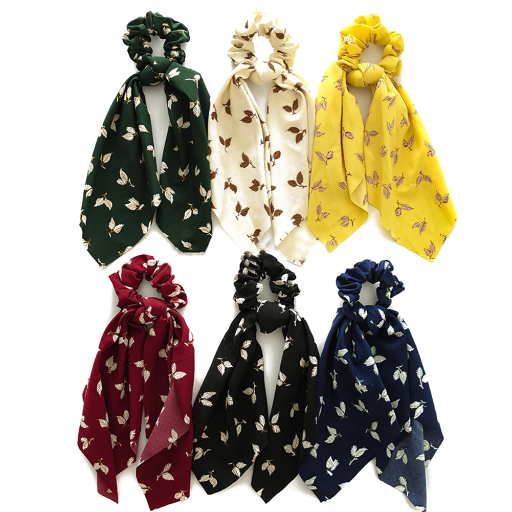 

2019 Tree Leaf Design Streamers Scrunchies Bow Ribbon Hair Ties Women Girls Ponytail Scarf Elastic Hair Bands Hair Accessories