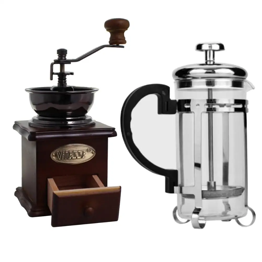 

350ml French Press Coffee Grinder Tea Maker Filter Pot with Hand Manual Handmade Coffee Bean Burr Grinders Mill Kitchen Tool