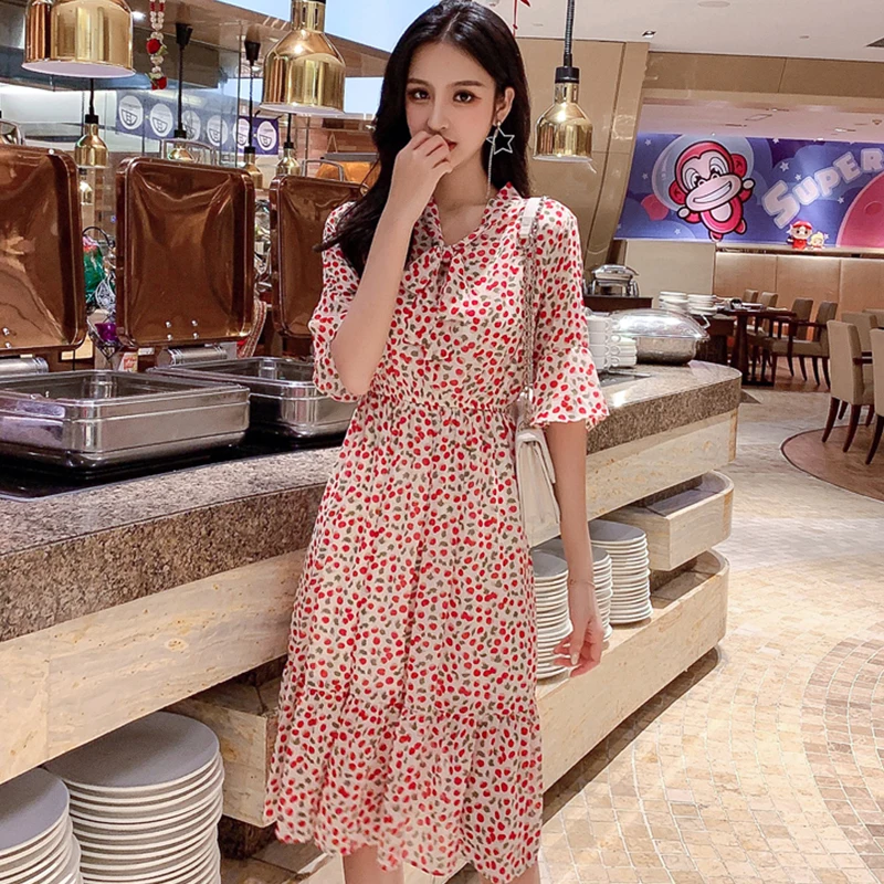 

Bohemian Two Layers Bow-neck Printed Women Chiffon Dress Elastic Waist A-line Flare Sleeve Female Dress Femme Vestidos 2019