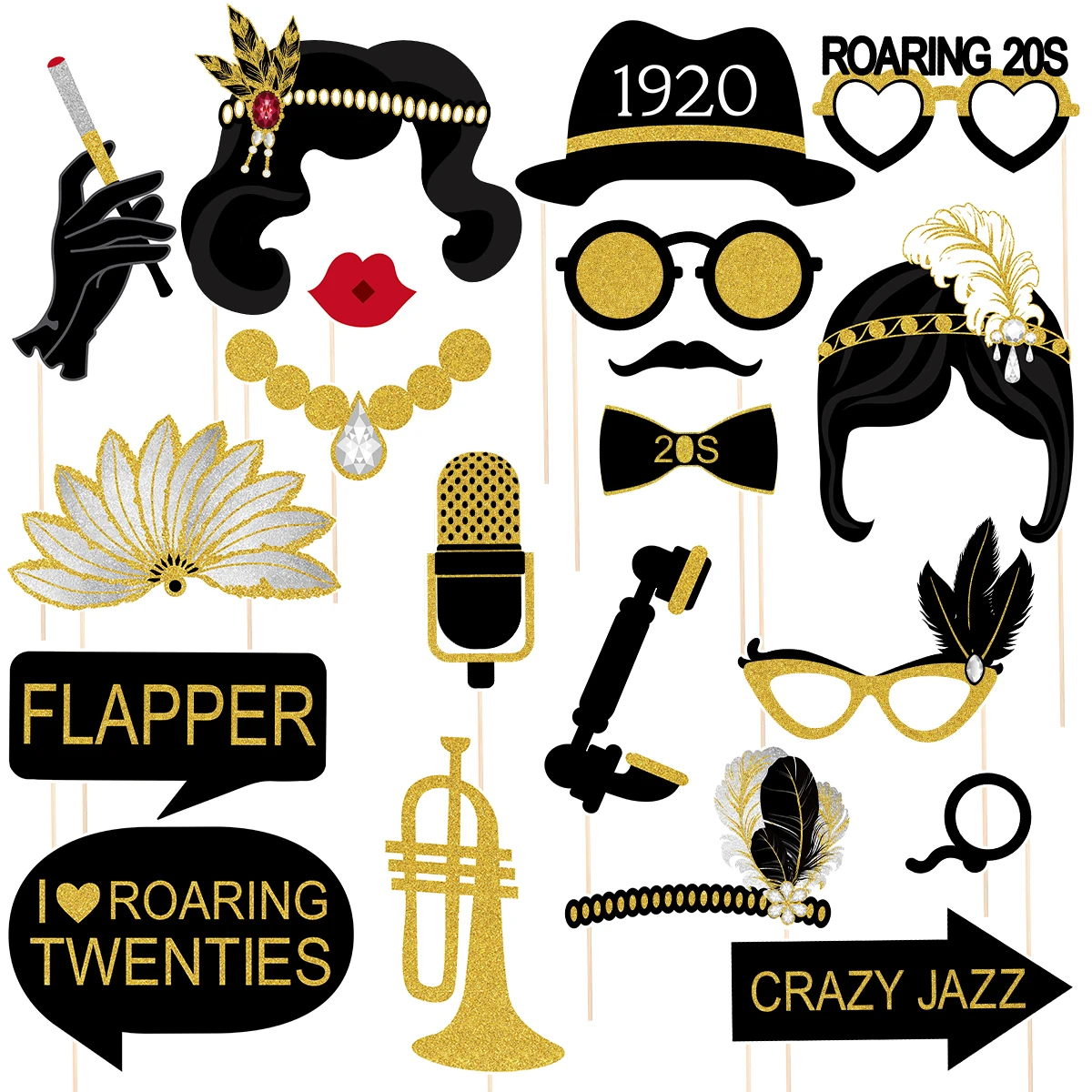

Amosfun 20PCS Funny 1920s Party Photo Booth Props With Bamboo Sticks Creative Decoration Supplies For Memorable Celebration