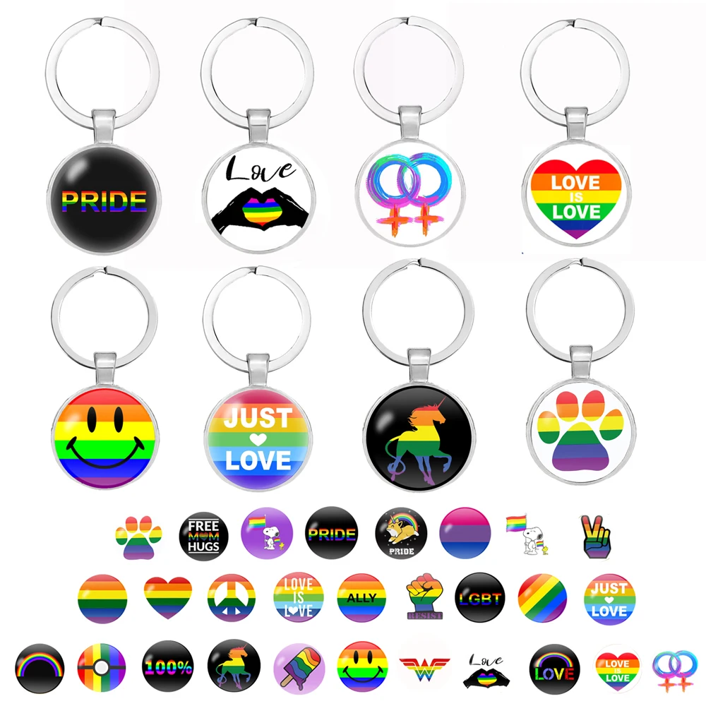 

hot Rainbow Flags Glass Dome Keychain Lesbian Gay LGBT Pride Flag Car Key Chain Silver Plated Metal key ring Llavero Thanos