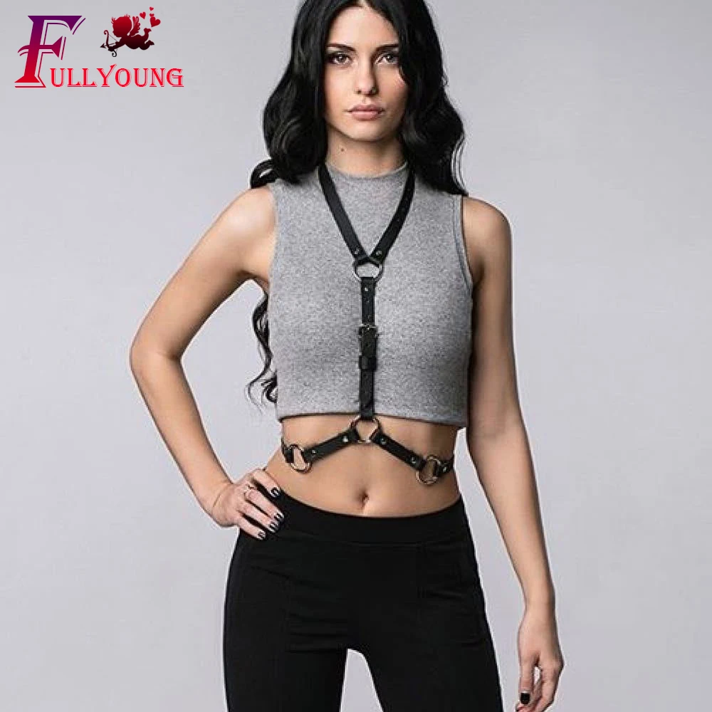 

Fullyoung Sexy Pu Leather Bandage Strappy Rave Bra Suspenders Straps Women Sexy waistband Erotic Lingerie Bondage Lingerie