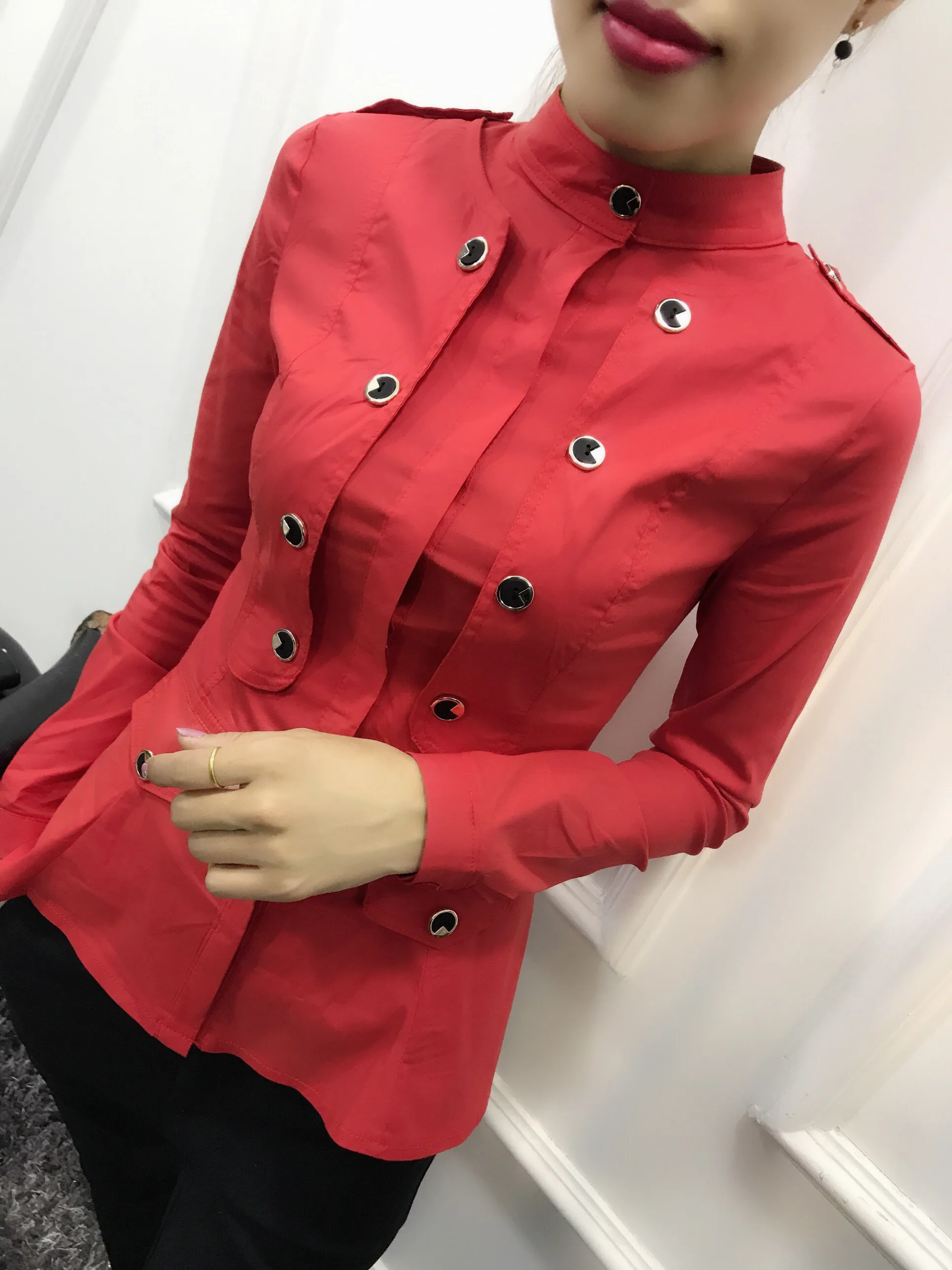 

2018 Spring 6 Color Long Sleeve Stand Collar Strethy Cotton Shirts Women Peplum Tops Ruffles Cotton Tops Peplum Shirts Blouses