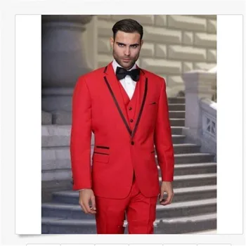 

2016 Red man suit three-piece satin lapels groom dress wedding best man suit custom made fashion handsome