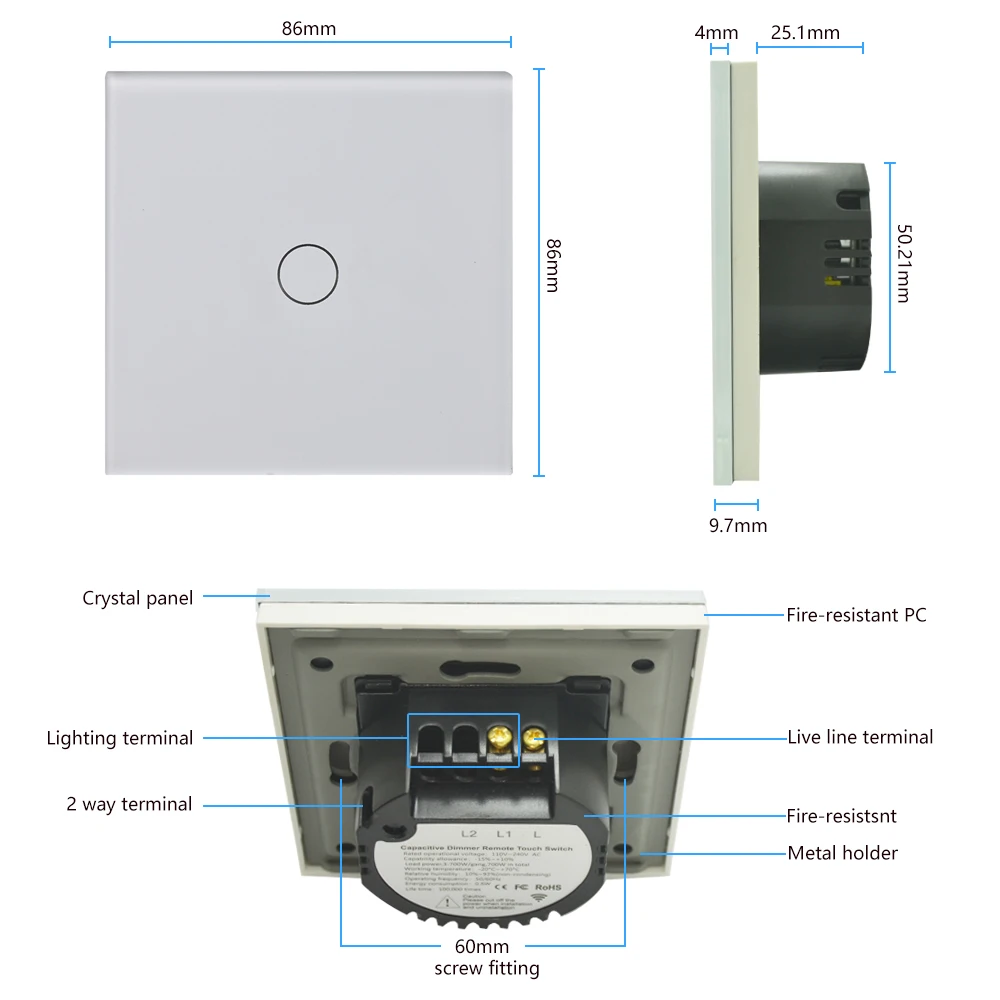 Pаспродажа 1gang 2way лестницы настенный выключатель, Белый Кристалл Закаленное стекло сенсорный 2way светильник Переключатель ЕС Великобритании стандартн...