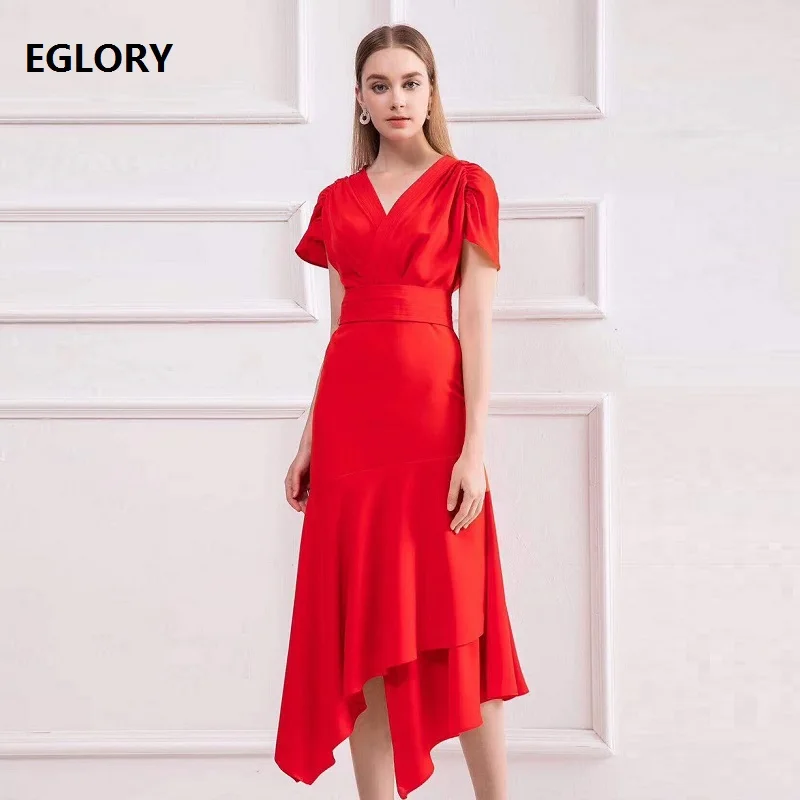 

Latest Designer Fashion Party Office Dress 2019 Summer Woman V-Neck Short Sleeve Asymmetrical Black Red Sexy Midi Dress Female