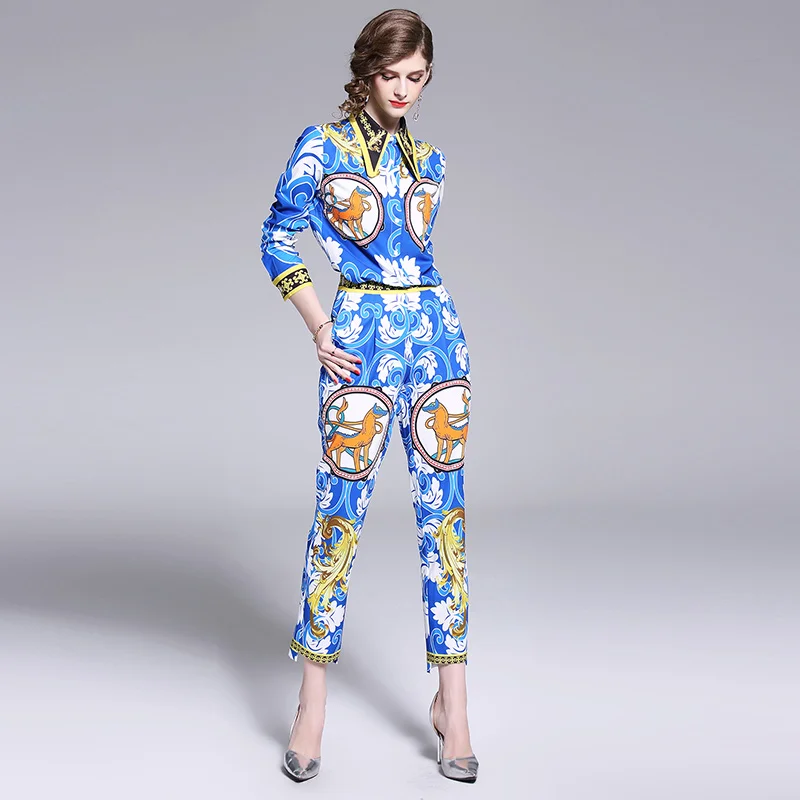 

new fashion two-piece Europe and the United States women's long sleeve shirt feet pants nine minutes of pants printed suit