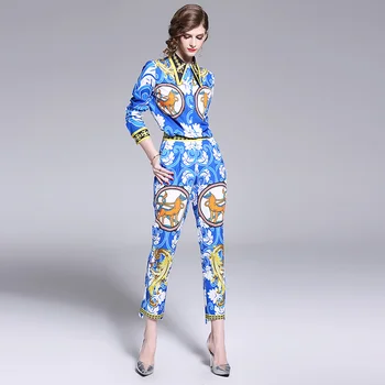 

new fashion two-piece Europe and the United States women's long sleeve shirt feet pants nine minutes of pants printed suit