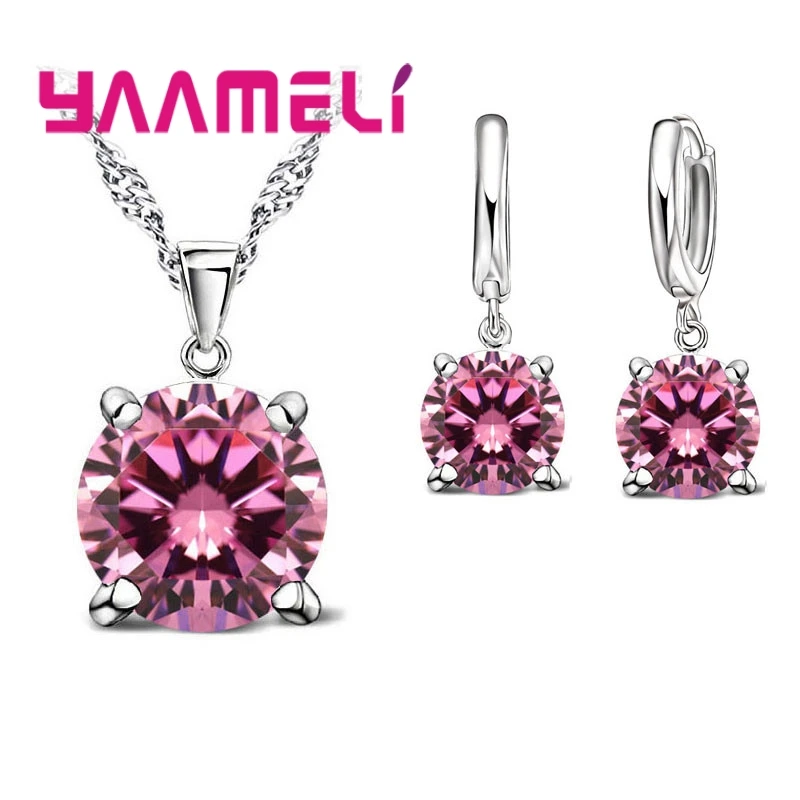 

925 Sterling Silver Jewelry Sets Cubic Zirconia CZ Pendant Necklace Earring Classic Bridal Wedding Jewelry For Women