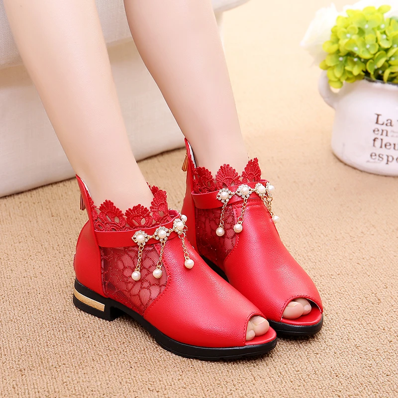 

Children Leather Shoes Peep Toe Spring Lace Girls Princess Sandals Red Pink PU Leather Shoes Girls Rhinestone Shoes TX391