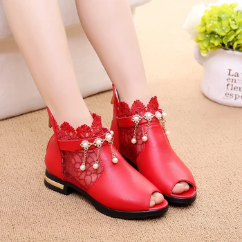 

Children Leather Shoes Peep Toe Spring Lace Girls Princess Sandals Red Pink PU Leather Shoes Girls Rhinestone Shoes TX391